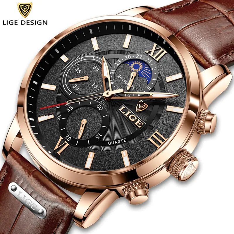 Mens Watches LIGE design leather watch